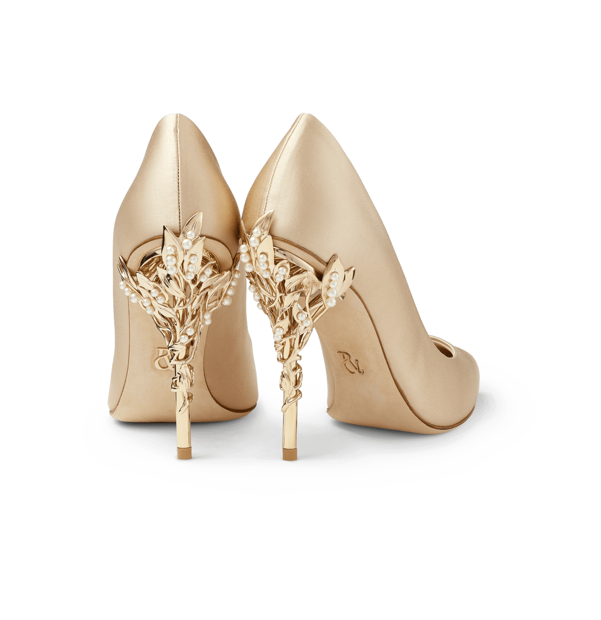Gold Satin Eden Heels with Pearl and Gold Leaves